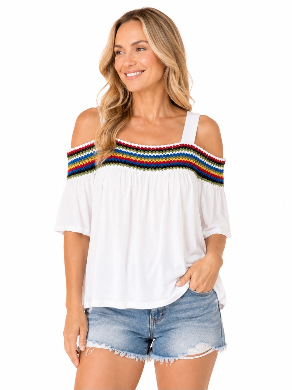 cha cha vente White Cold-Shoulder Top with Rainbow Crochet Yoke
